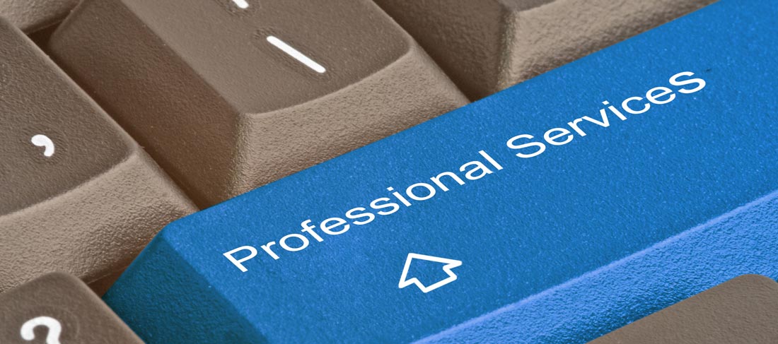 Tecla de color azul en un teclado gris, con "servicios profesionales" escrito en ella