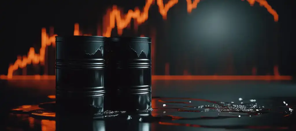Barril de petróleo con gráficos bursátiles en rojo reflejando subida de energía y caída de bolsas europeas