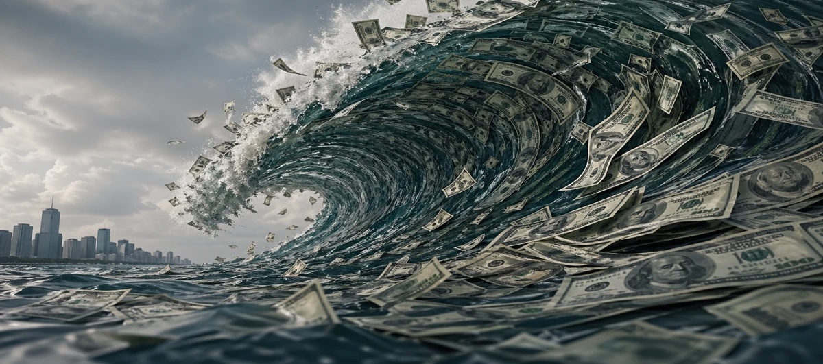 tsunami monetario representando la liquidez global y su impacto en los mercados financieros