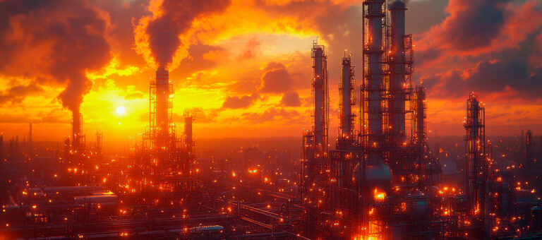 Refinería industrial iluminada que simboliza el impacto de los precios energéticos sobre la inflación y los mercados financieros